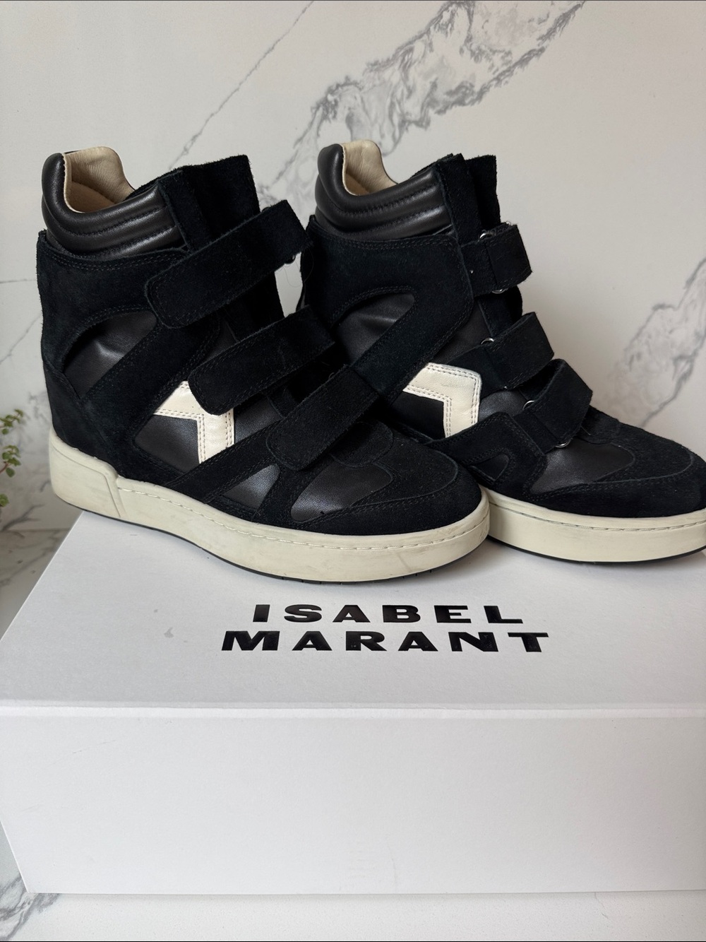 Isabel Marant Black IM3 Suede&Leather High-Top Wedge Sneakers with White Accent